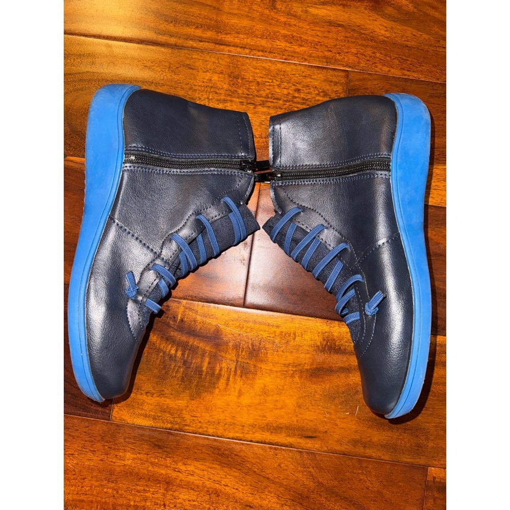 Navy Blue Leather High Top Sneakers with Electric Blue Contrast Sole and Zippers